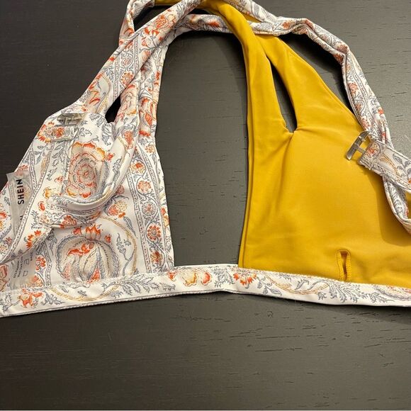 SHEIN Cross Split Strap Two Piece Bikini Yellow Floral Colorblock Women’s Size M - Picture 9 of 10